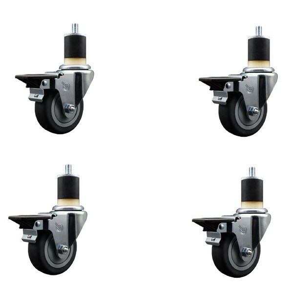 3.5'' Thermoplastic Rubber Swivel 1-7/8'' Expanding Stem Caster Set with Brake, 4PK